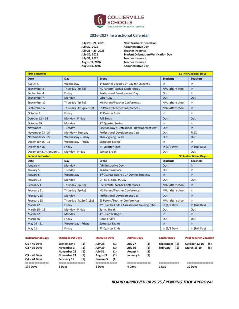 Collierville Schools Calendar 2026-2027