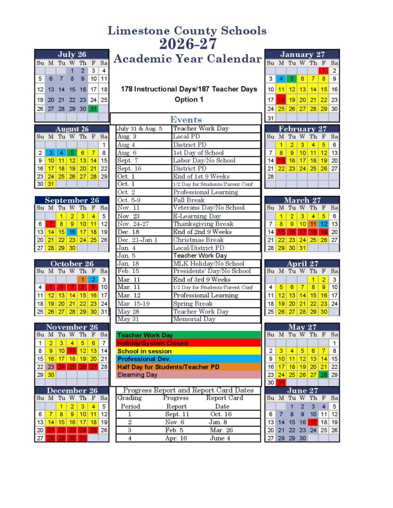 Limestone County School District Calendar 2026-2027