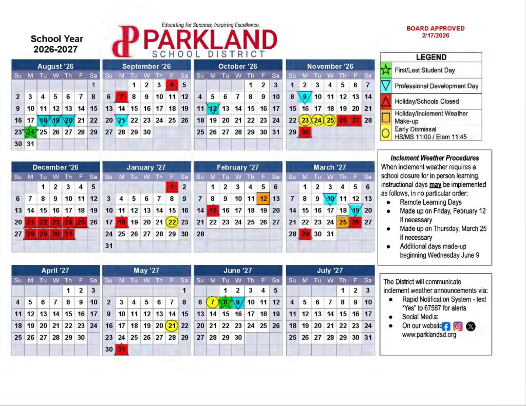 Parkland School District Calendar 2026-2027