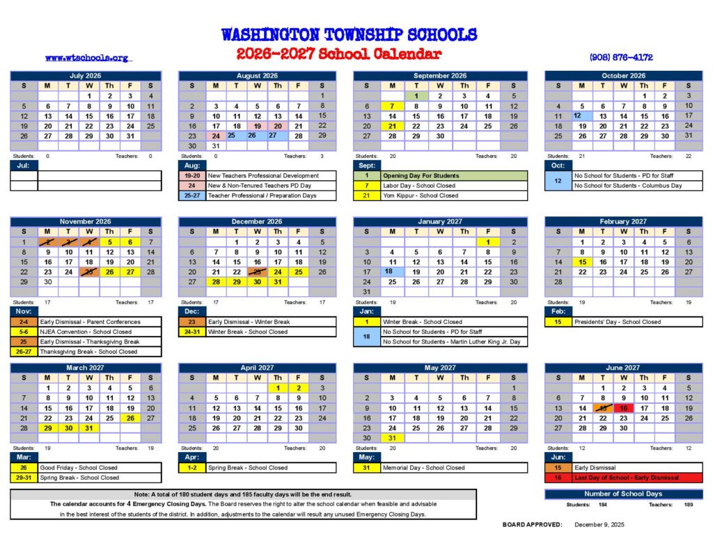 Washington Township Schools Calendar 2026-2027