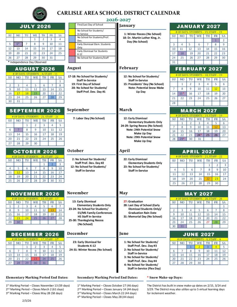 Carlisle Area School District Calendar 2026-2027