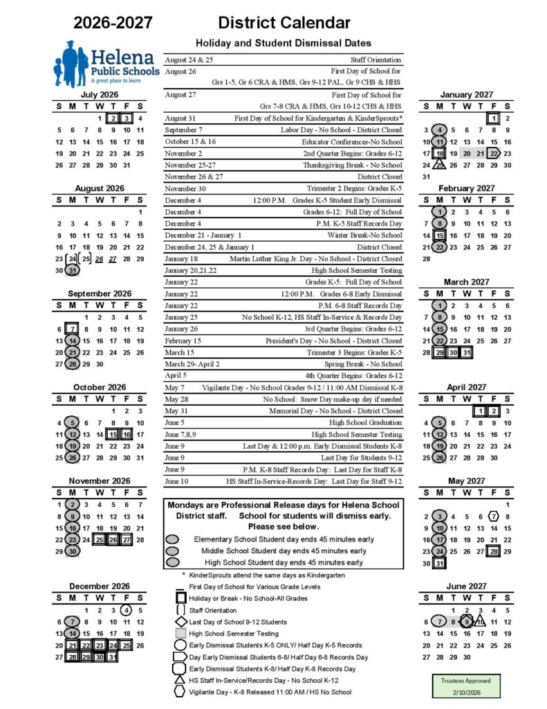 Helena Public School District Calendar 2026-2027