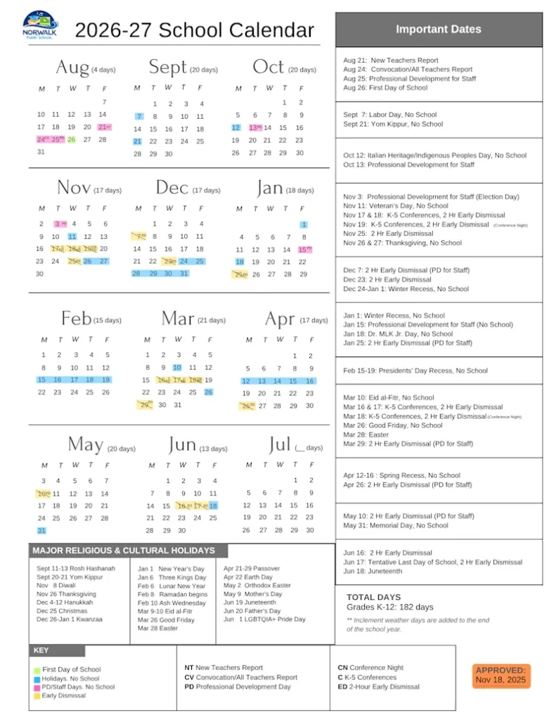 Norwalk Public Schools Calendar 2026-2027