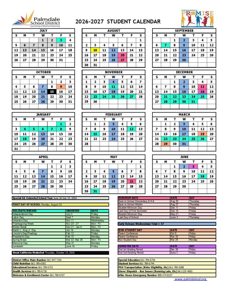 Palmdale School District Calendar 2026-2027