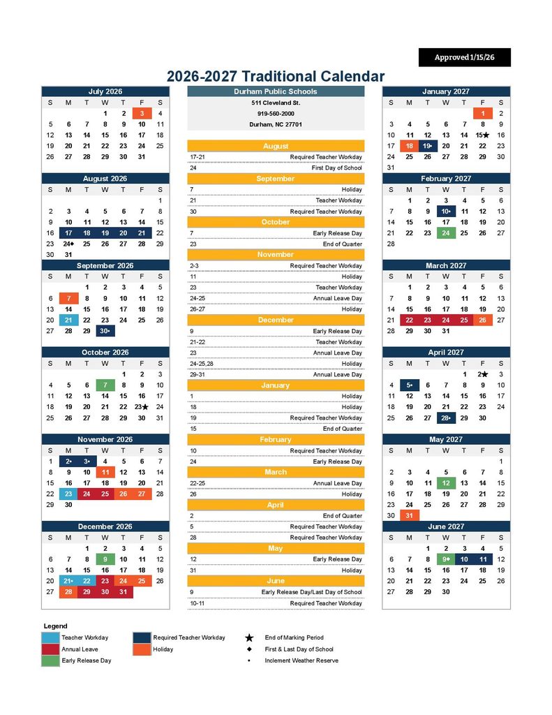 Durham Public Schools Calendar 2026-2027