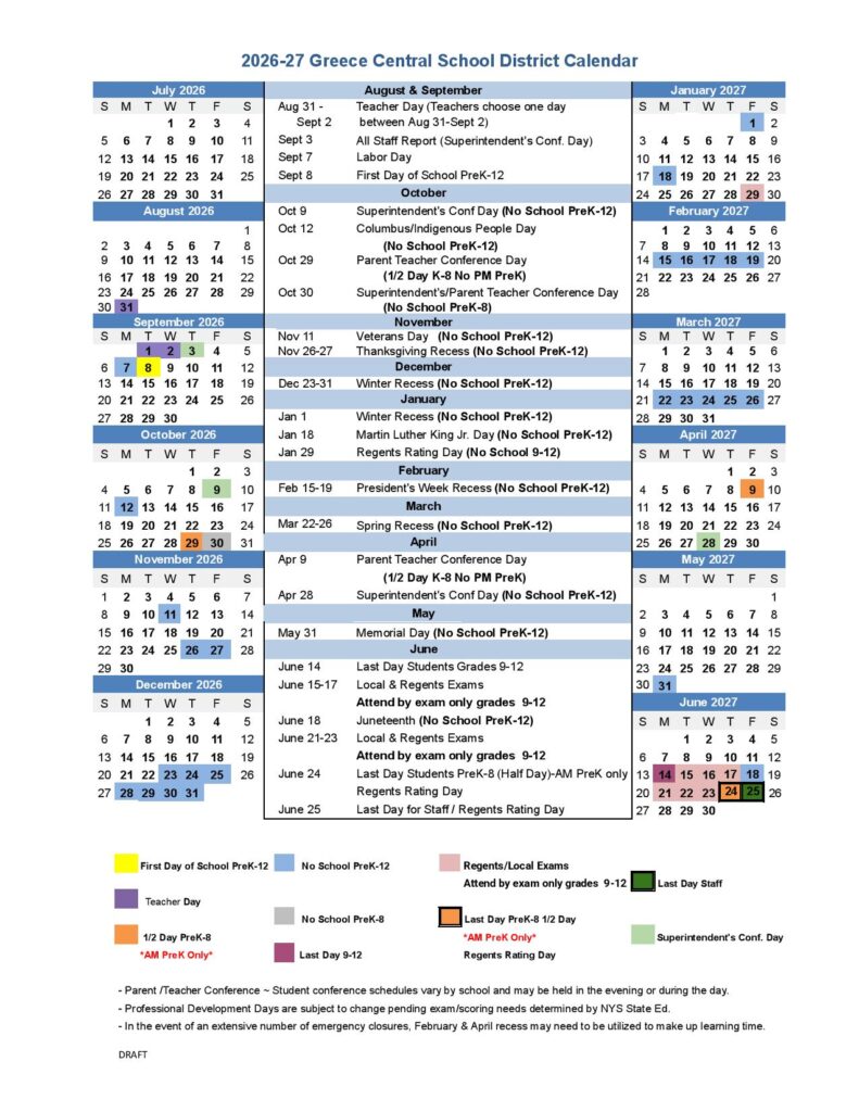 Greece Central School District Calendar 2026-2027