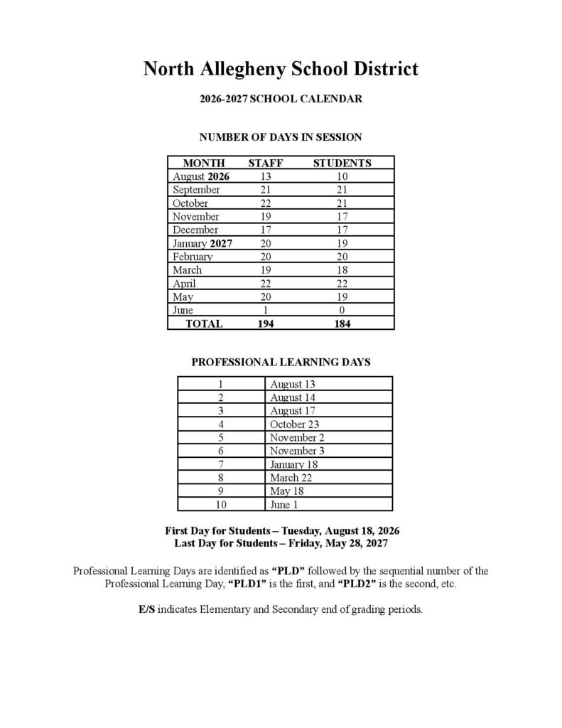 North Allegheny School District Calendar 2026-2027