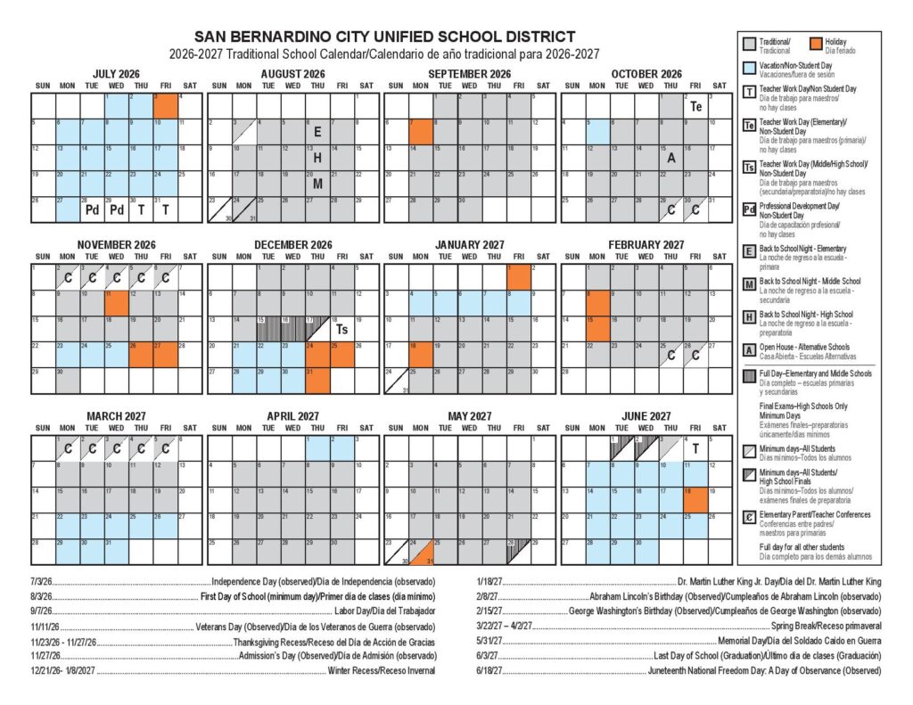 San Bernardino School District Calendar 2026-2027