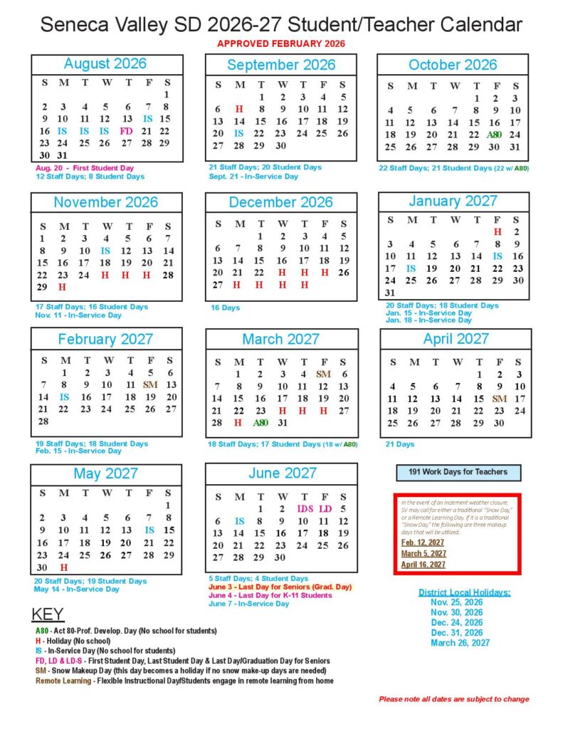 Seneca Valley School District Calendar 2026-2027