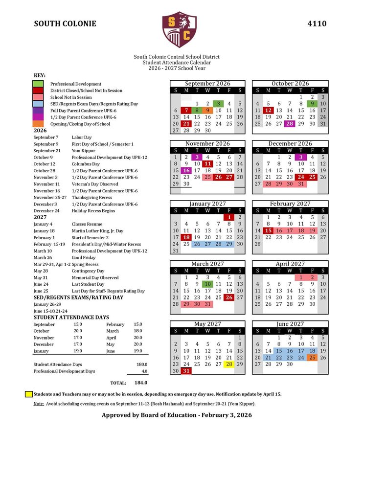 South Colonie School District Calendar 2026-2027
