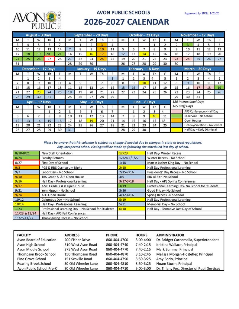 Avon Public Schools Calendar 2026-2027