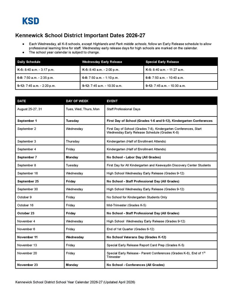 Kennewick School District Calendar 2026-2027
