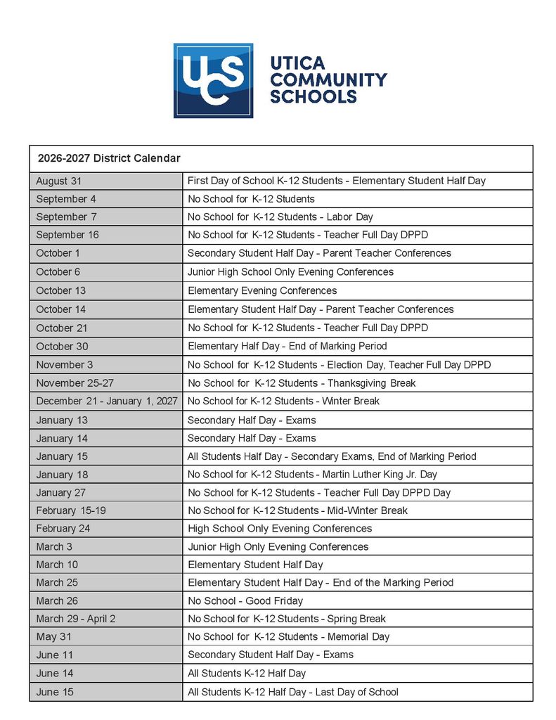 Utica Community Schools Calendar 2026-2027