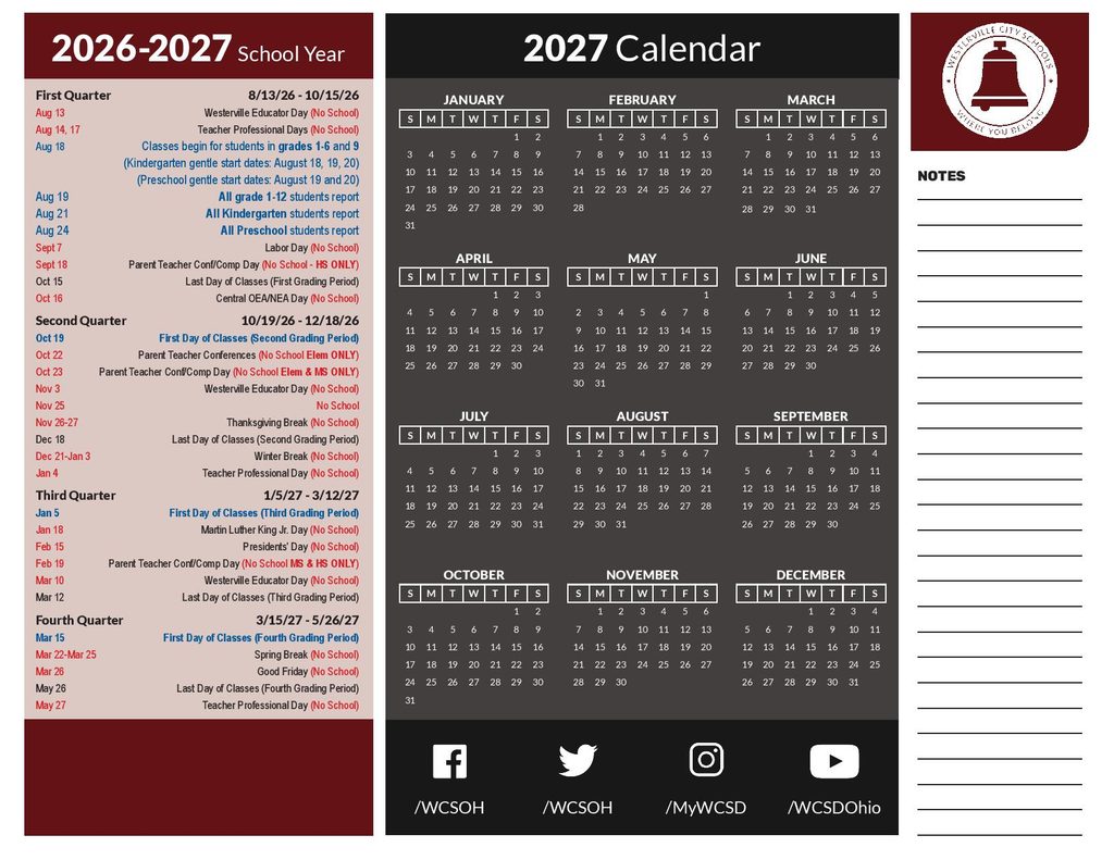 Westerville City Schools Calendar 2026-2027