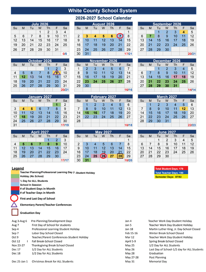 White County School District Calendar 2026-2027