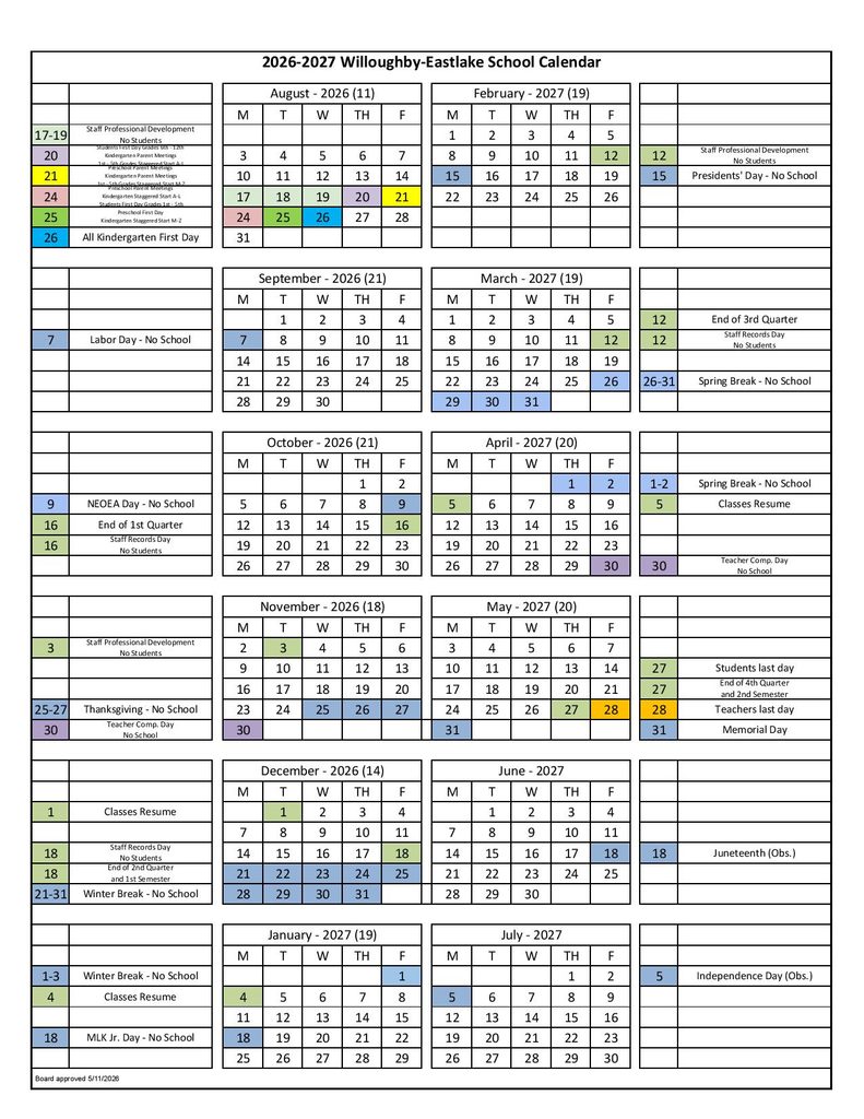 Willoughby Eastlake Schools Calendar 2026-2027