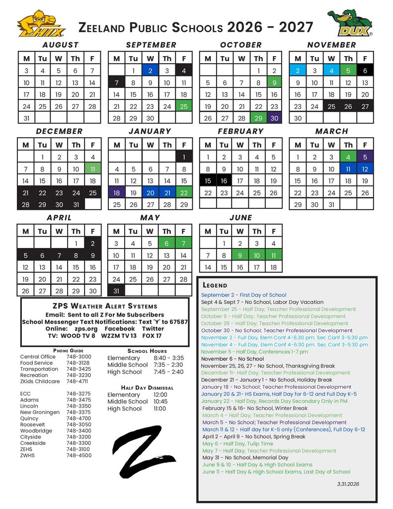 Zeeland Public Schools Calendar 2026-2027