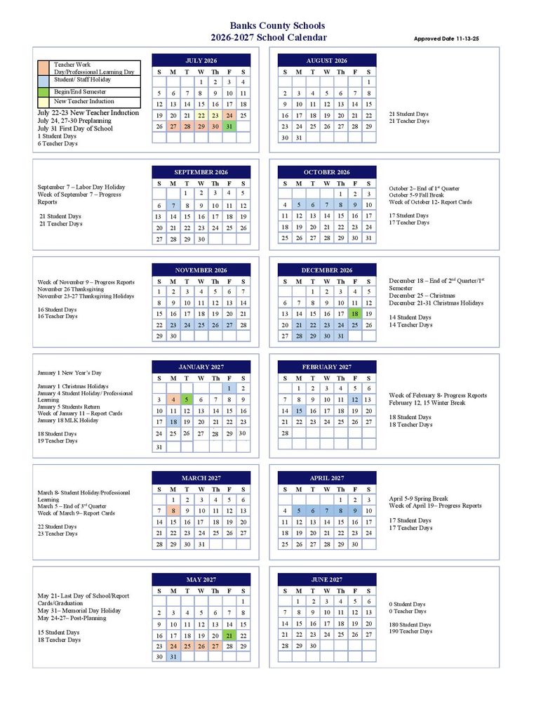 Banks County School District Calendar 2026-2027