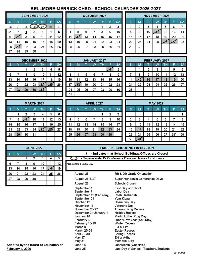 Bellmore Merrick School Calendar 2026-2027