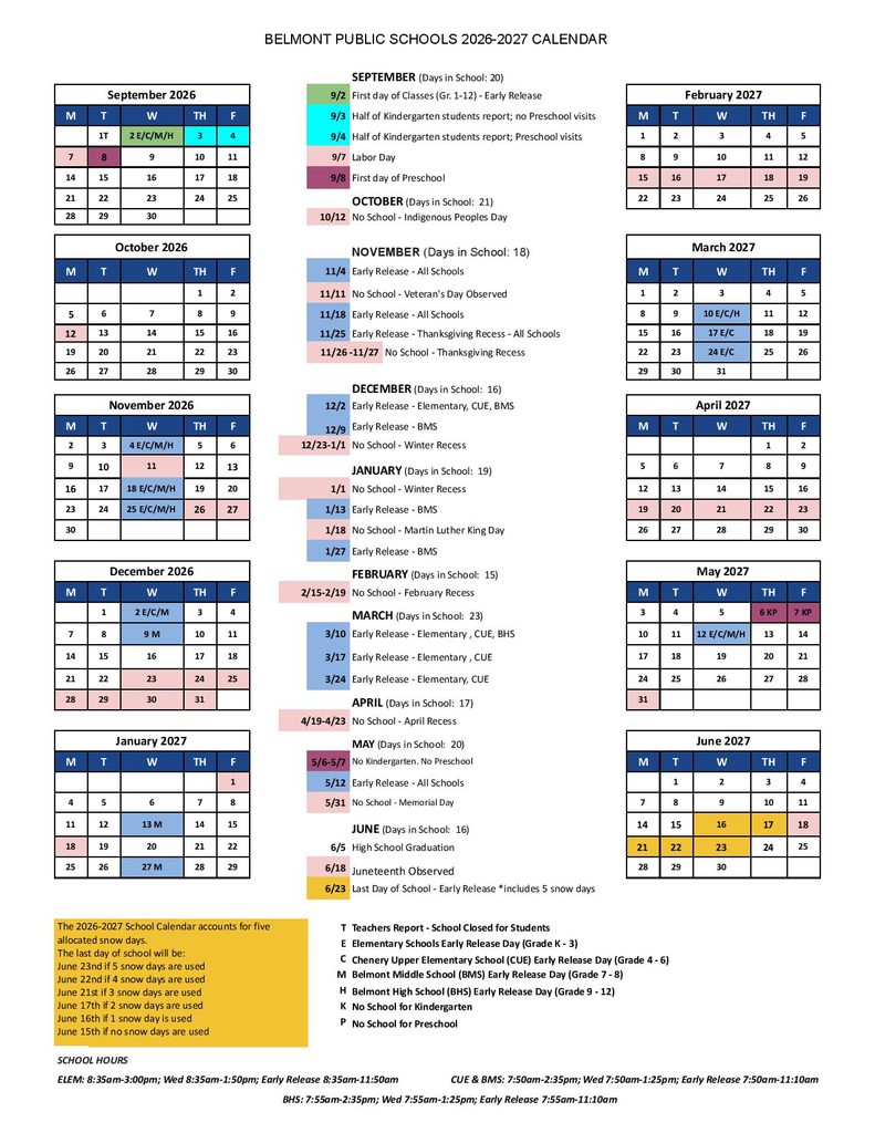 Belmont Public Schools Calendar 2026-2027