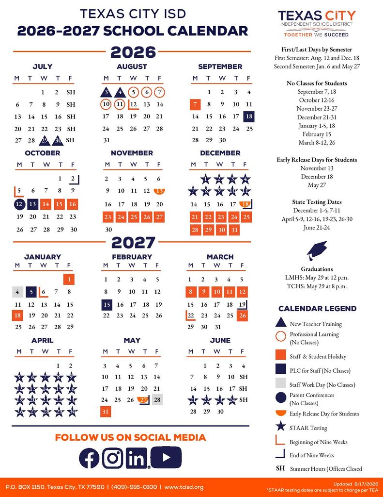 Texas City ISD Printable Official School Calendar 2026-2027